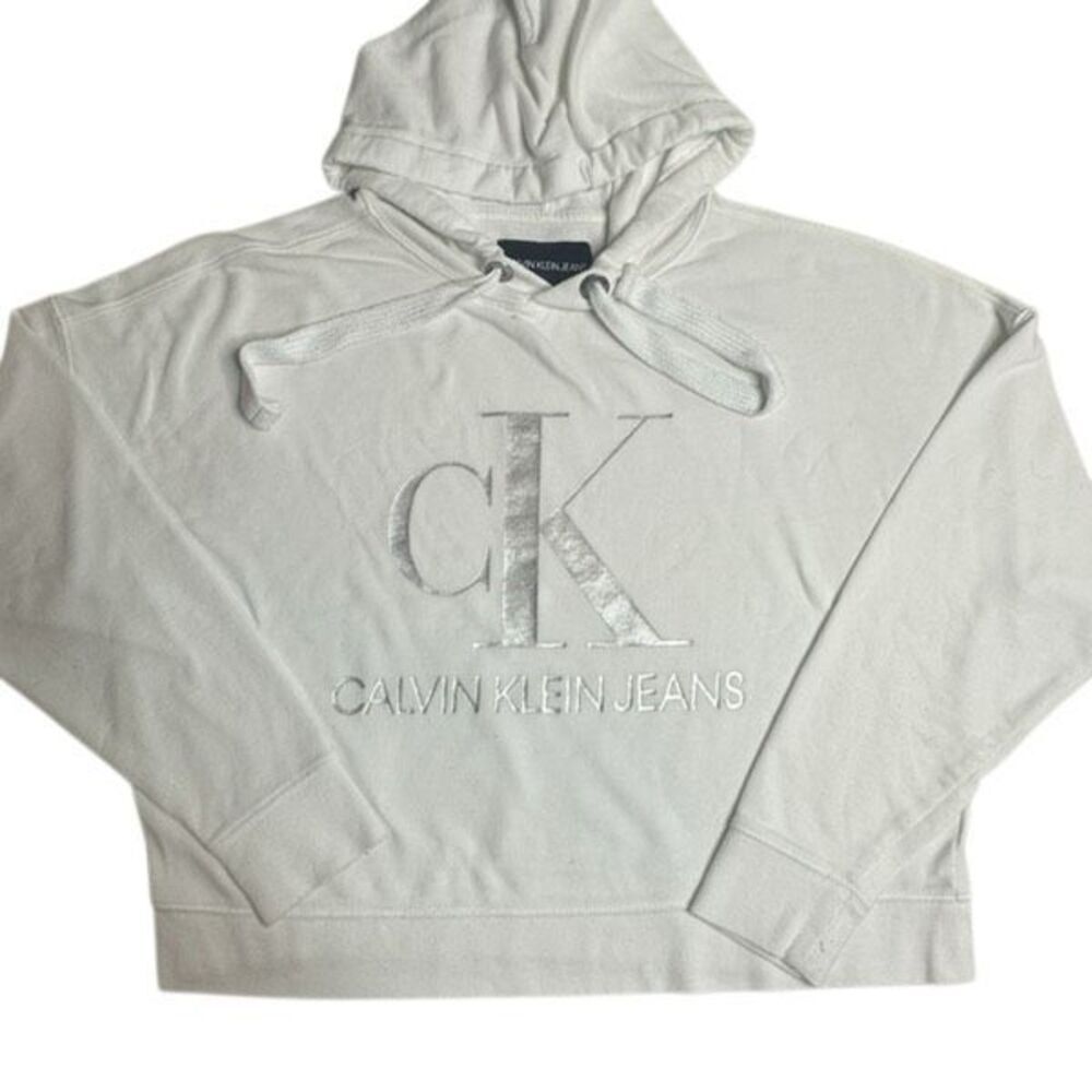 Calvin Klein Oversized Women's White Silver Logo Pullover Long Sleeve Cropped Ho